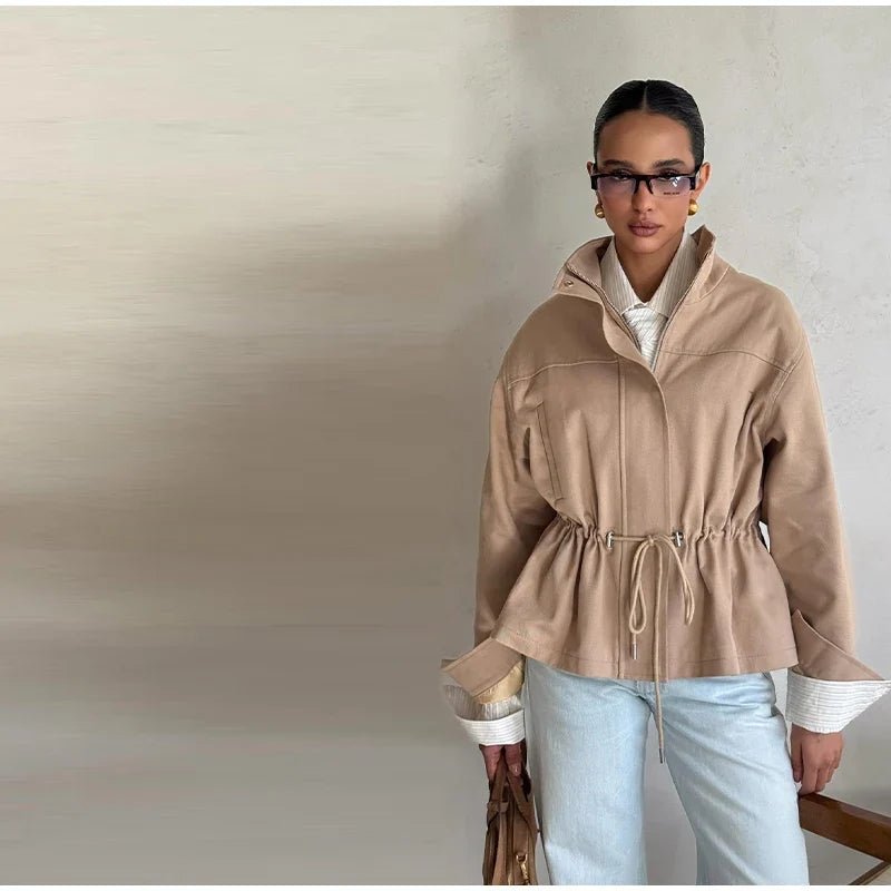 SOKYND Joanna Drawstring Stand Collar Jacket JacketSOKYND-581207-BEI-S-79575BeigeS