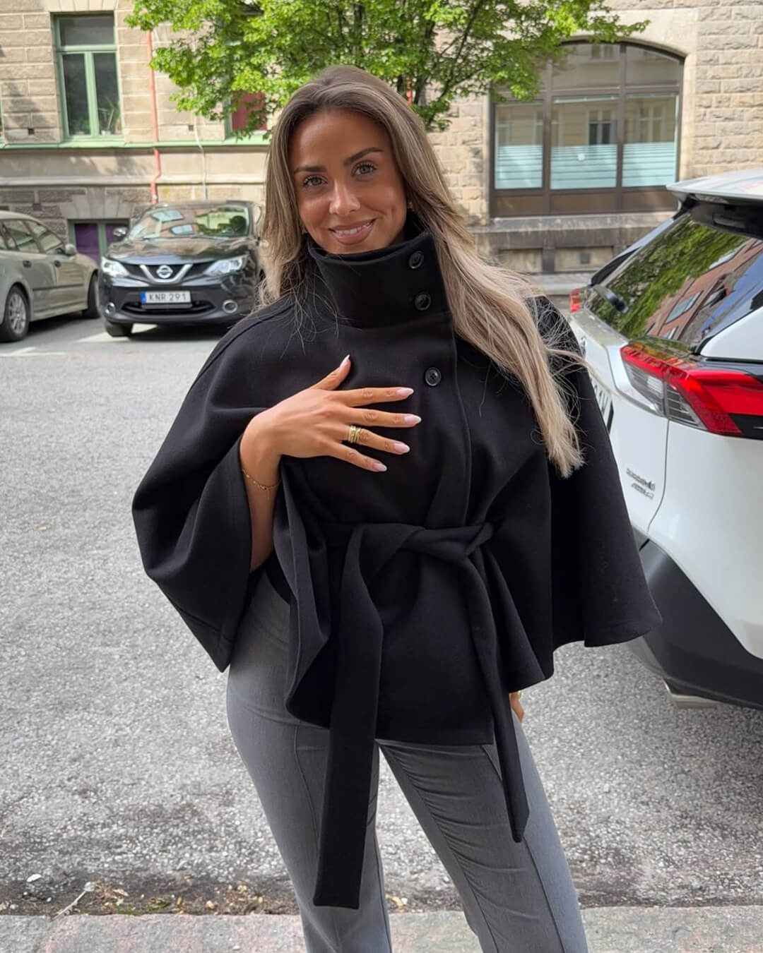 SOKYND Jocelyn Elegant High - Neck Belted Cape Jacket Coats & JacketsFn1767625273839643506BlackXL