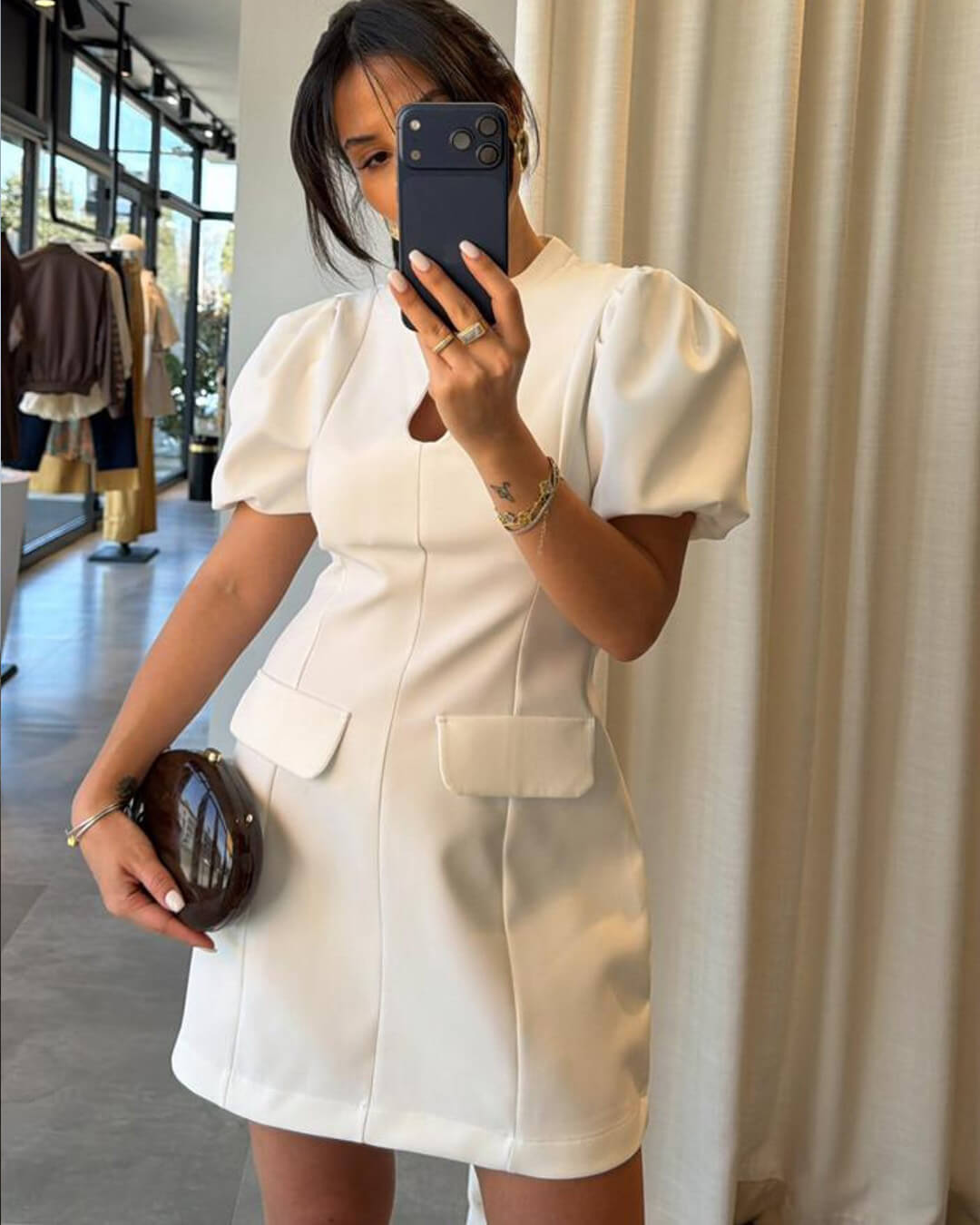 SOKYND Kaira Puff Sleeve Mini Dress DressWhiteS