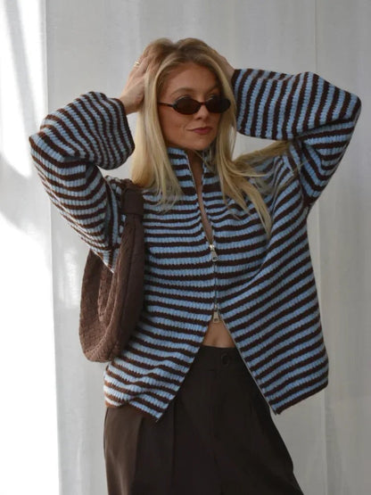 SOKYND Kate Striped Mock Neck Knit Cardigan CardiganSOKYND-850455-BLU-M-01559BlueM