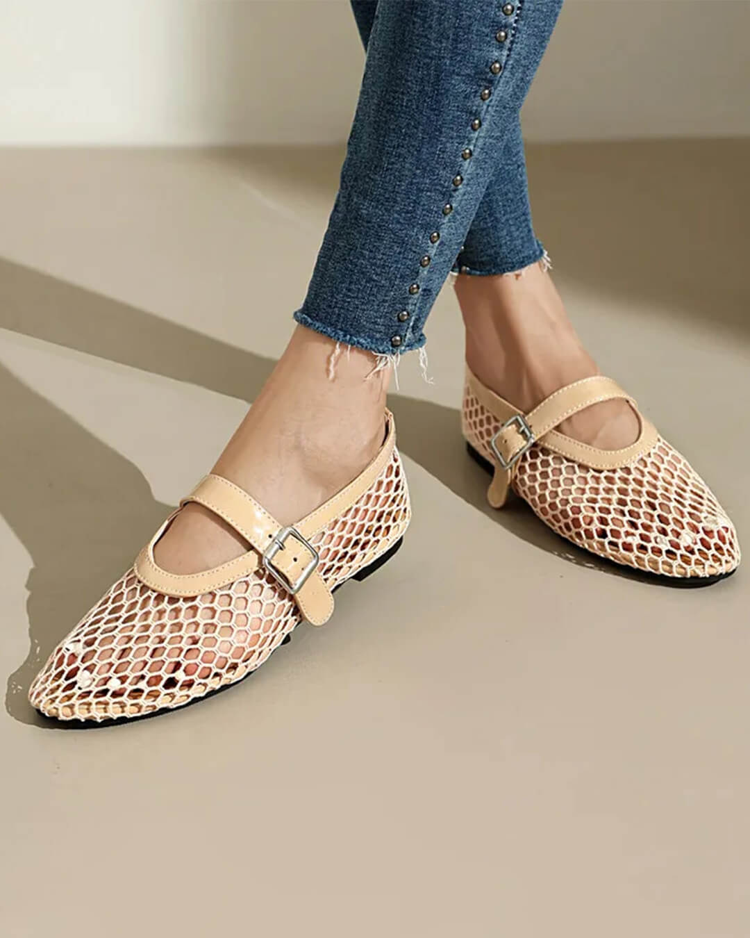 SOKYND Keira Buckled Mesh Ballet Flats ShoesBeige35