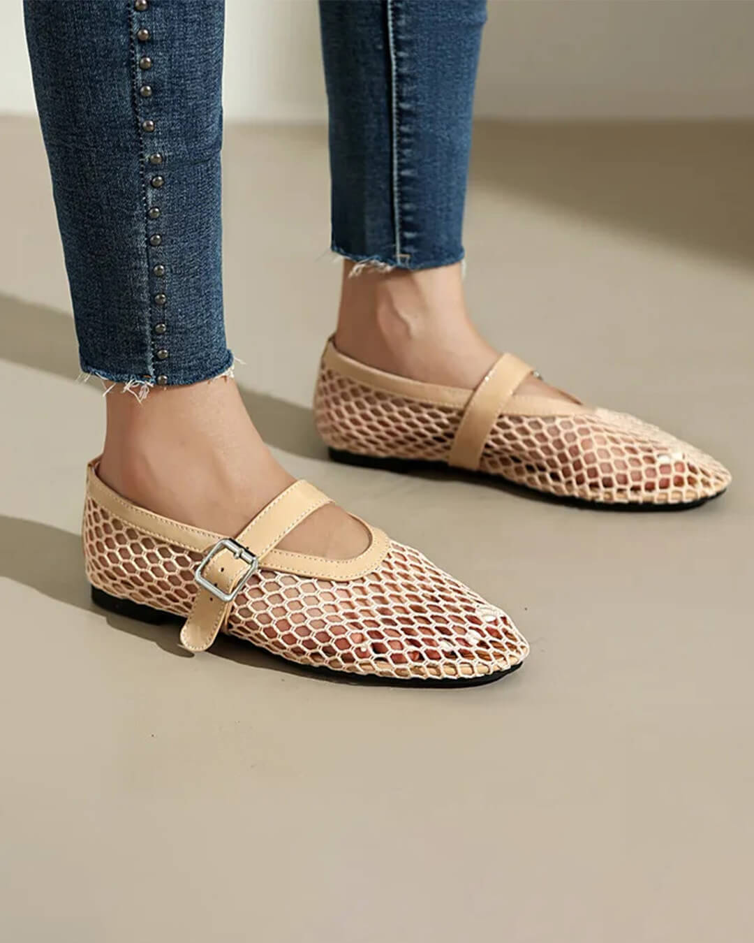 SOKYND Keira Buckled Mesh Ballet Flats ShoesBeige35