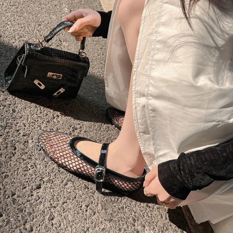 SOKYND Keira Buckled Mesh Ballet Flats ShoesBlack35