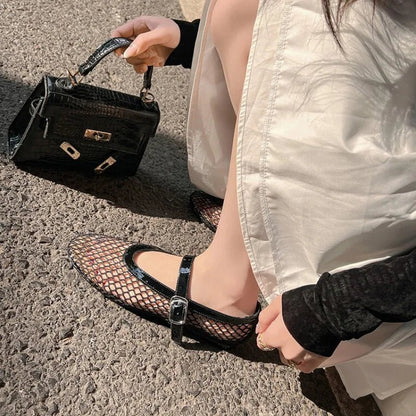 SOKYND Keira Buckled Mesh Ballet Flats ShoesBlack35