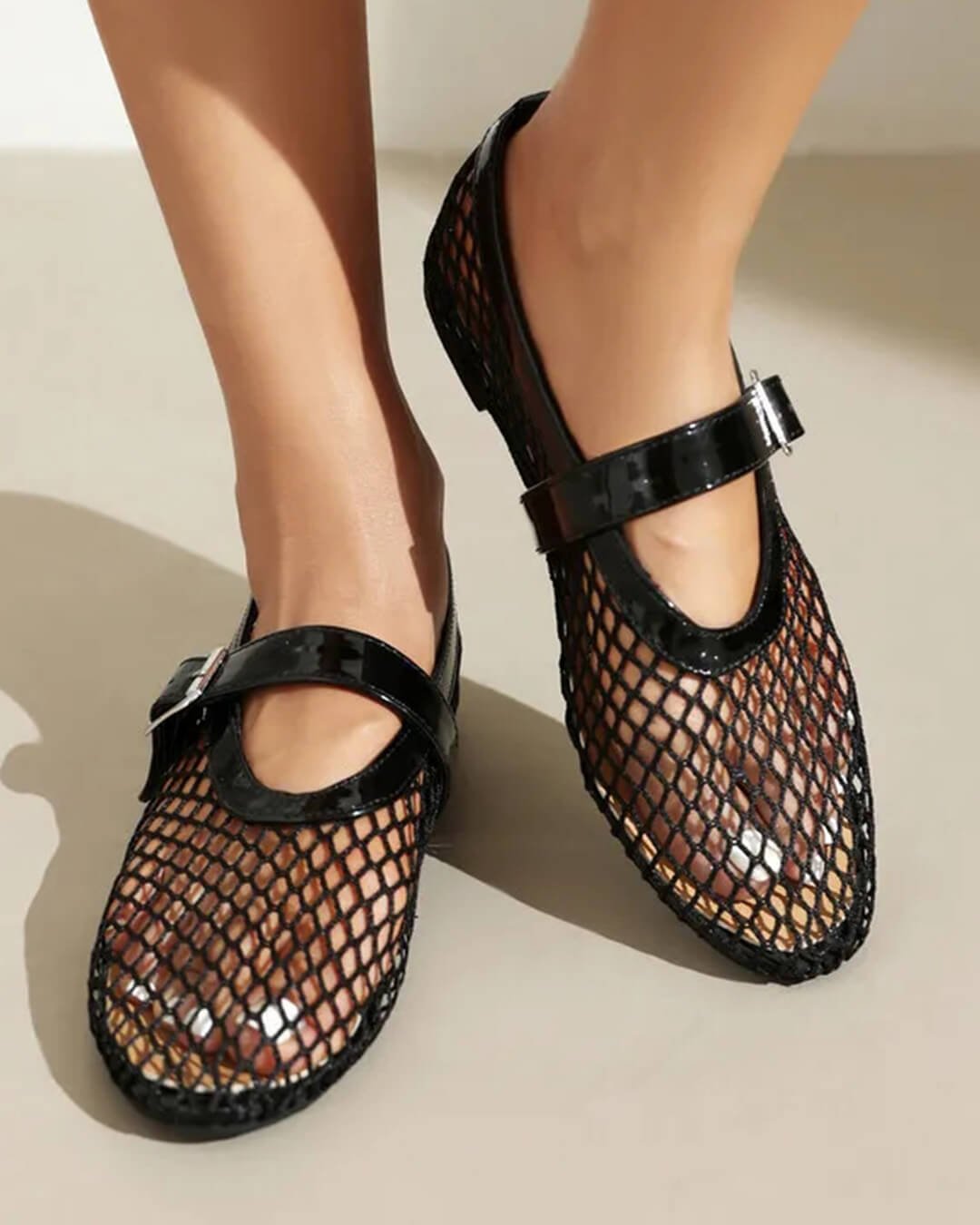 SOKYND Keira Buckled Mesh Ballet Flats ShoesBlack35