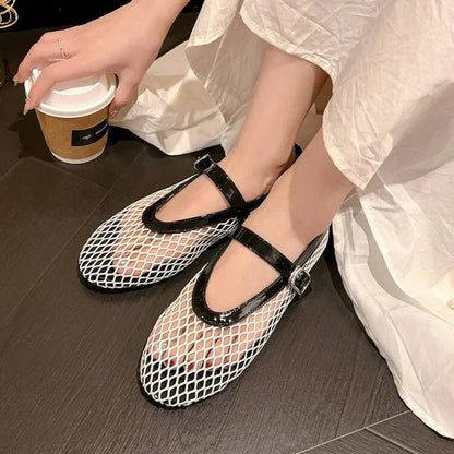 SOKYND Keira Buckled Mesh Ballet Flats ShoesBlack35