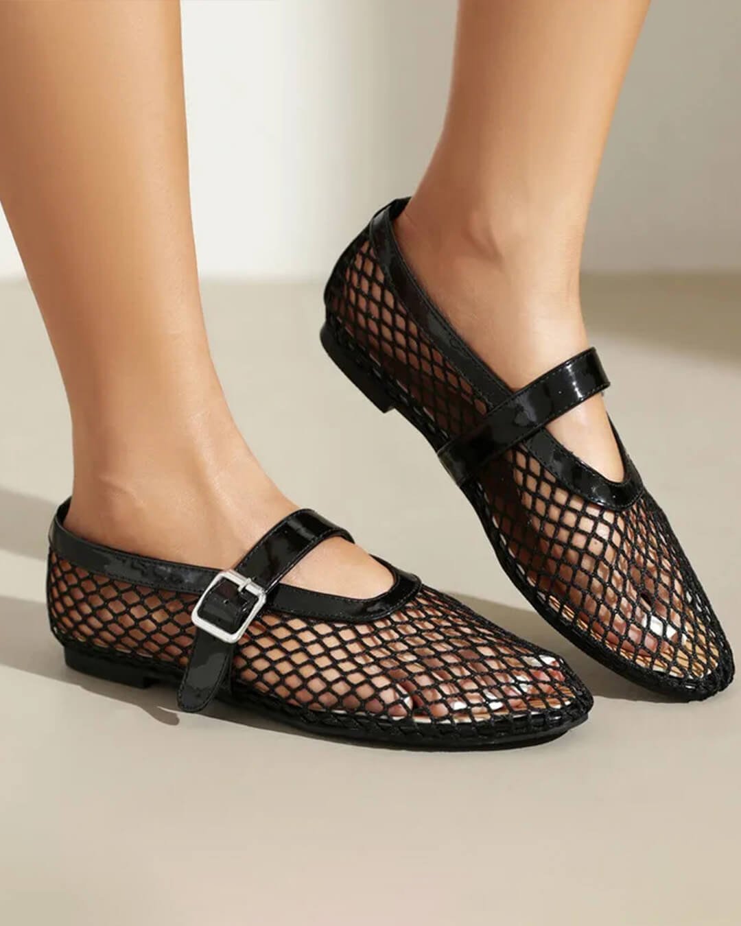 SOKYND Keira Buckled Mesh Ballet Flats ShoesBlack35