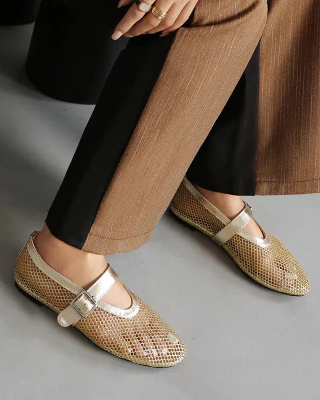 SOKYND Keira Buckled Mesh Ballet Flats ShoesGold35