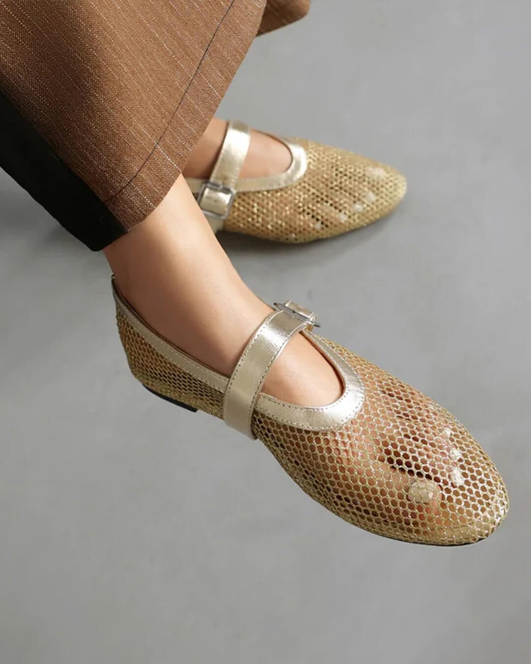 SOKYND Keira Buckled Mesh Ballet Flats ShoesGold35