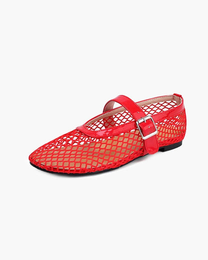 SOKYND Keira Buckled Mesh Ballet Flats ShoesRed35