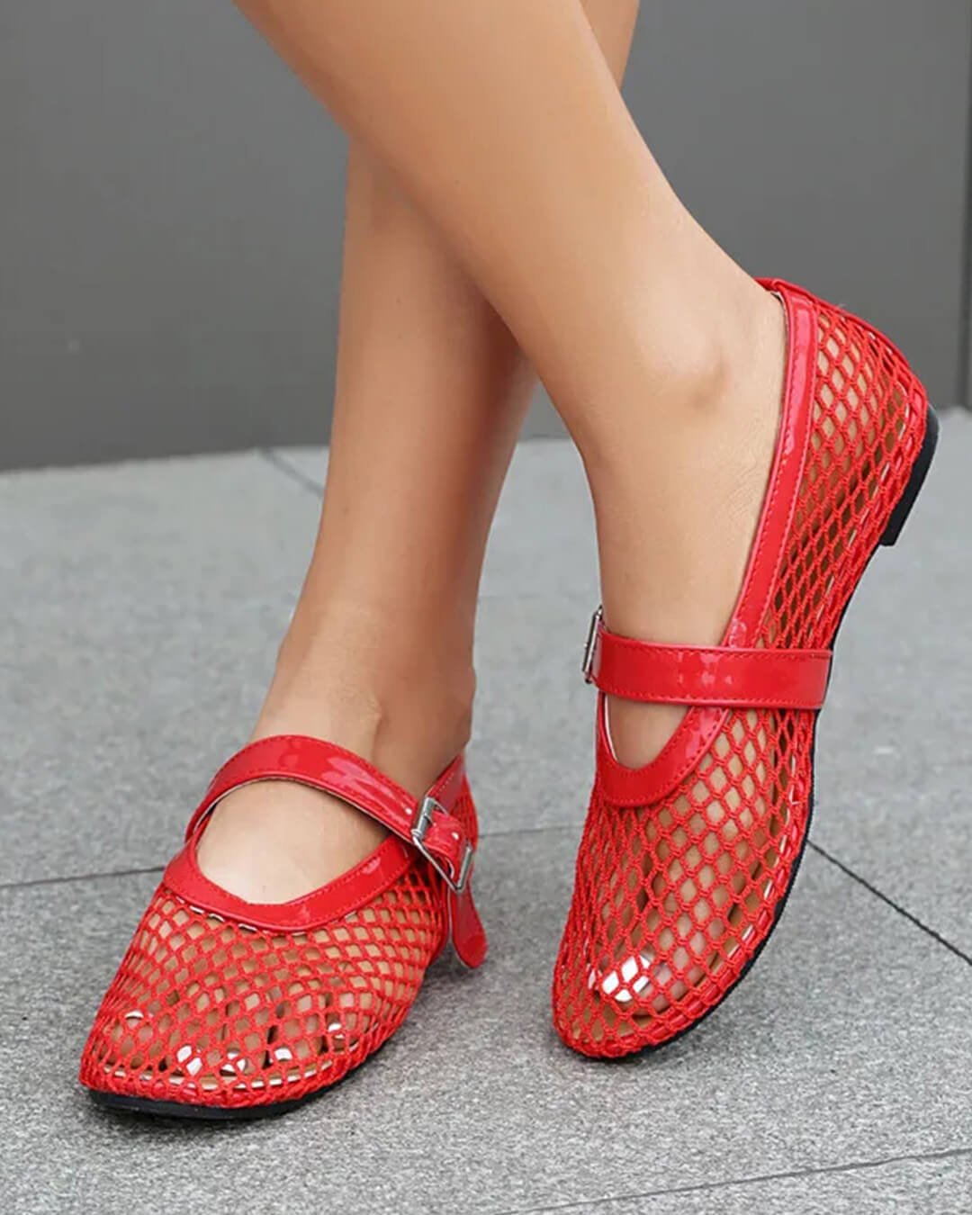 SOKYND Keira Buckled Mesh Ballet Flats ShoesRed35