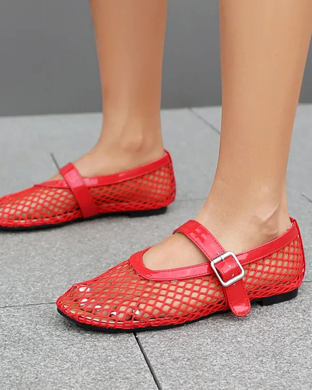 SOKYND Keira Buckled Mesh Ballet Flats ShoesRed35