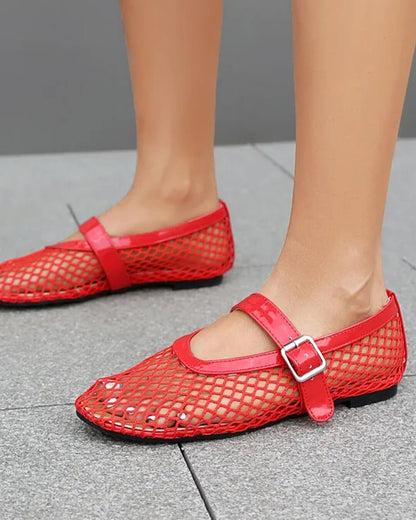 SOKYND Keira Buckled Mesh Ballet Flats ShoesRed35