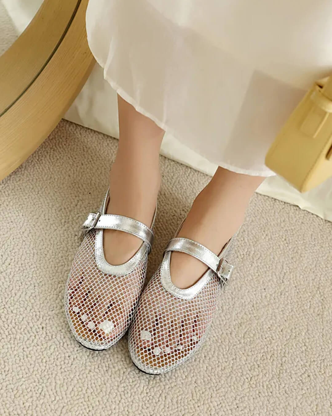 SOKYND Keira Buckled Mesh Ballet Flats ShoesSilver35