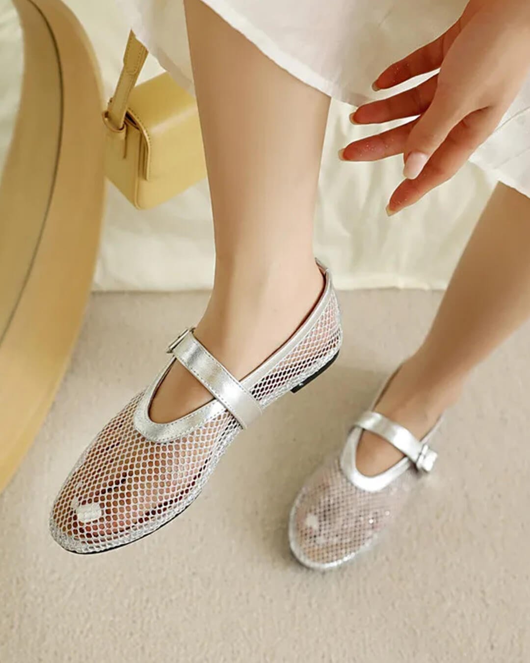 SOKYND Keira Buckled Mesh Ballet Flats ShoesSilver35