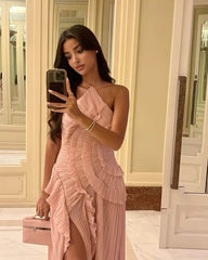 Vestido Kris halter con tirante y volantes de tul