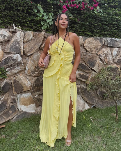 SOKYND Kris Halter Strap Ruffled Tule Dress DressesVw1772777205897636906YellowXS