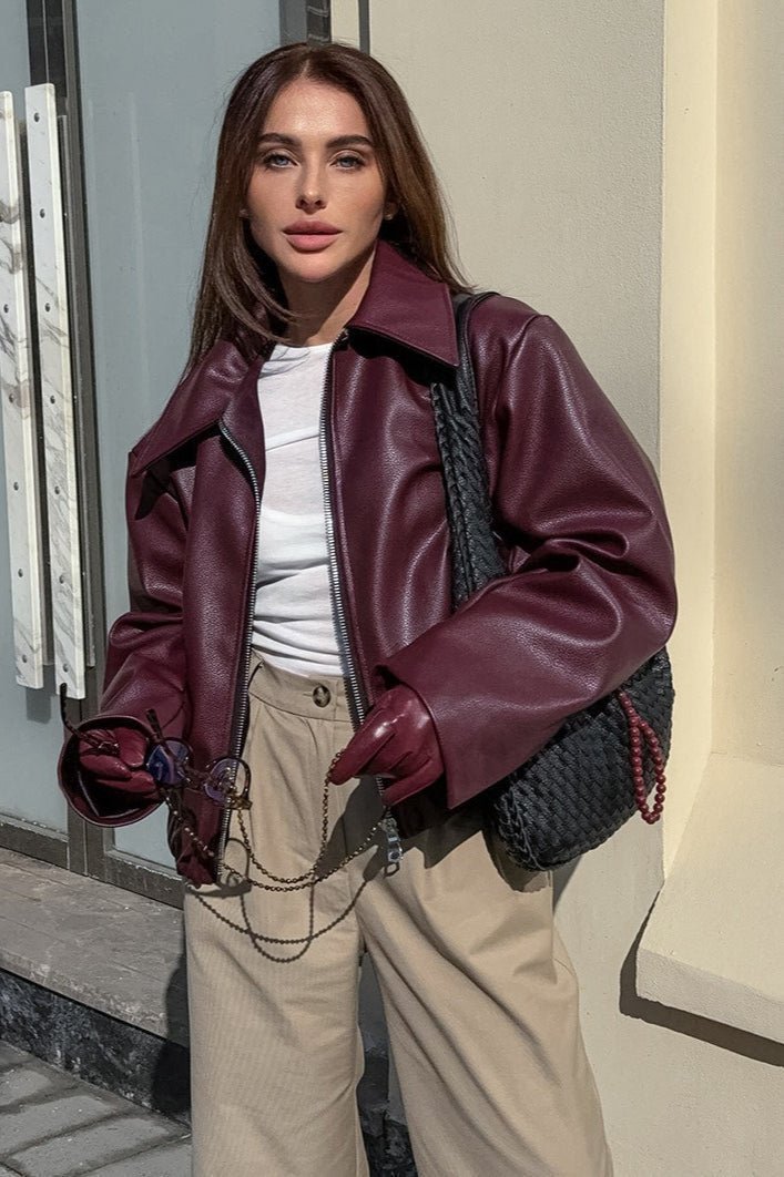 SOKYND Lara Matte Faux Leather Moto Jacket JacketSOKYND-601239-BUR-L-69239BurgundyL