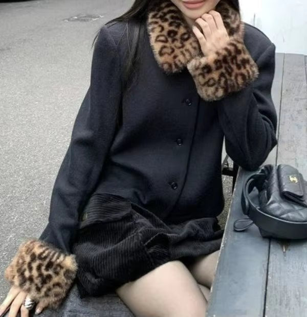 SOKYND Laura Leopard Faux Fur Trim Button-Up Jacket JacketSOKYND-626455-BLA-M-39799BlackM