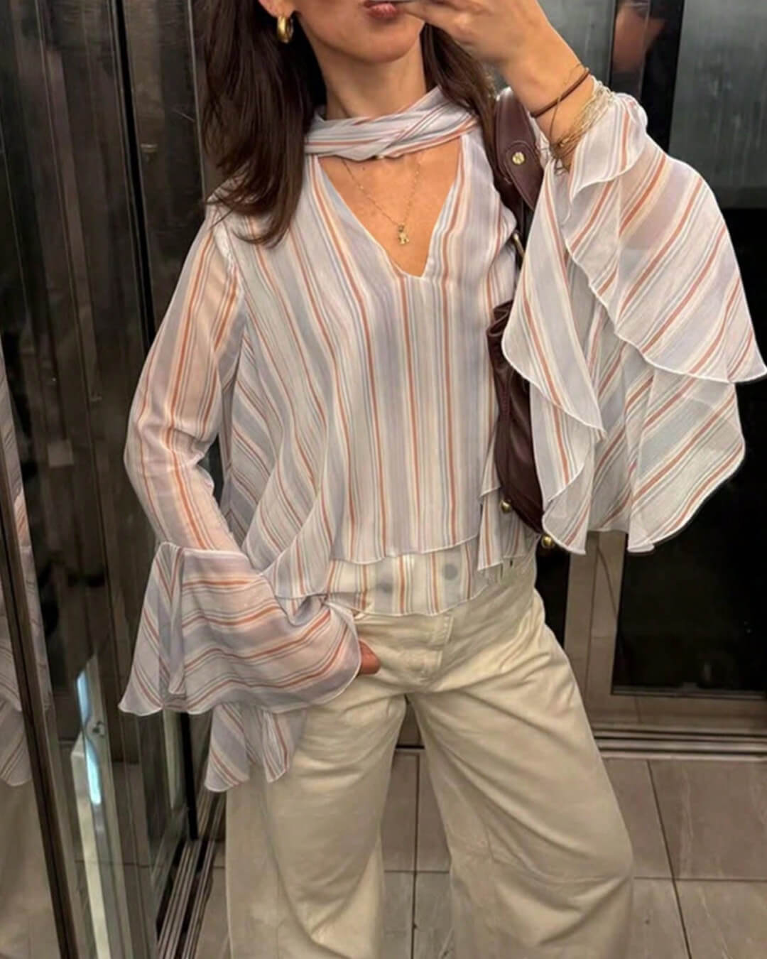 SOKYND Lucy Stripe Ruffle Tie-Neck Blouse BlouseSOKYND-524311-LIG-L-24823Light BlueL