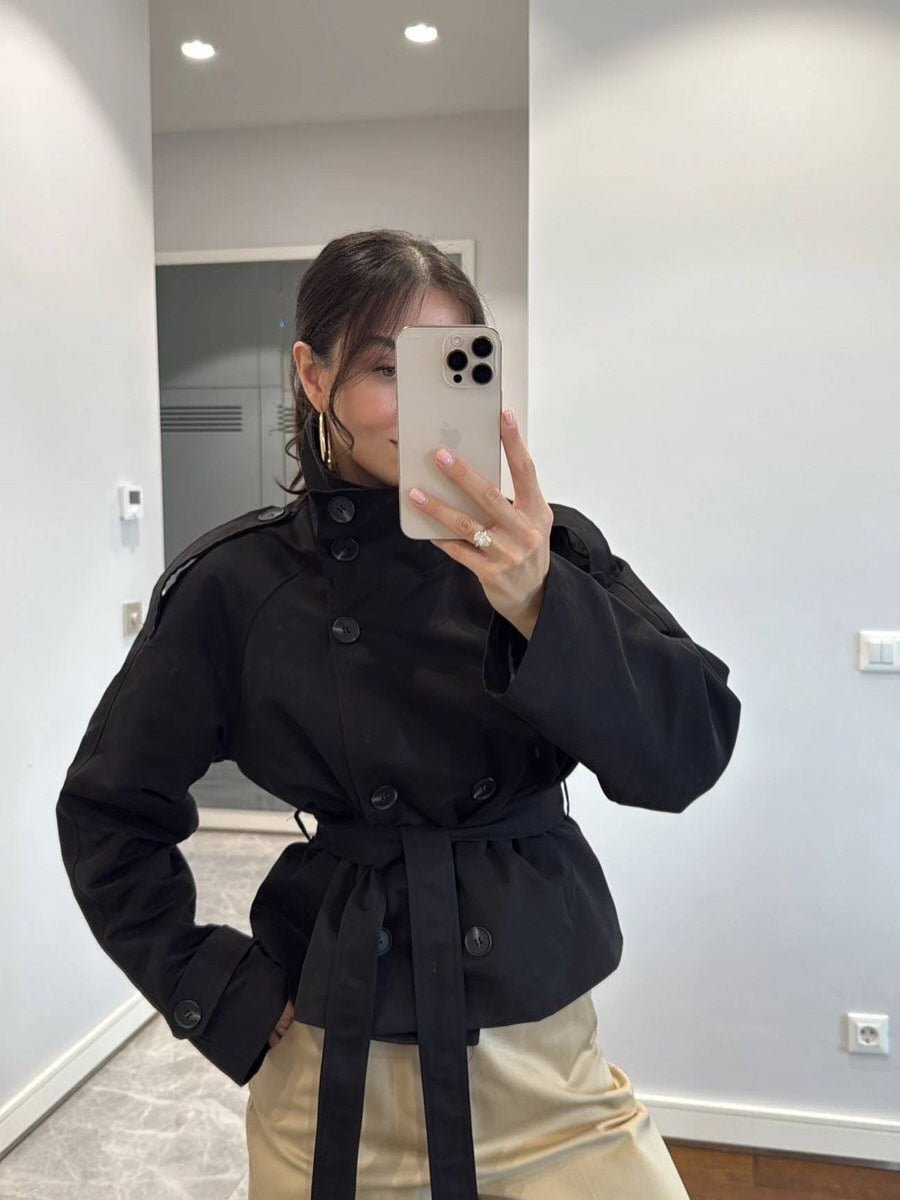 SOKYND Mara Stand Collar Crop Trenchcoat Coats & JacketsJJ1774219786664357677BlackM