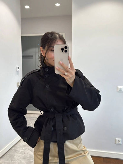 SOKYND Mara Stand Collar Crop Trenchcoat Coats & JacketsJJ1774219786664357677BlackM