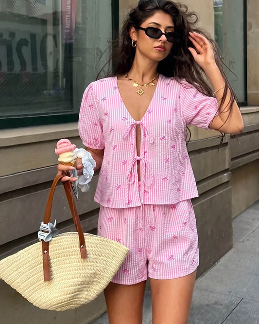 SOKYND Megan Striped Tie-Front Set Matching SetsSOKYND-252311-PIN-S-84247Pink SetS