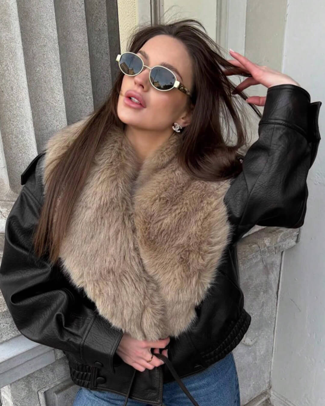 SOKYND Merriame Faux Leather Jacket with Detachable Fur Collar Coats & JacketsBlackL