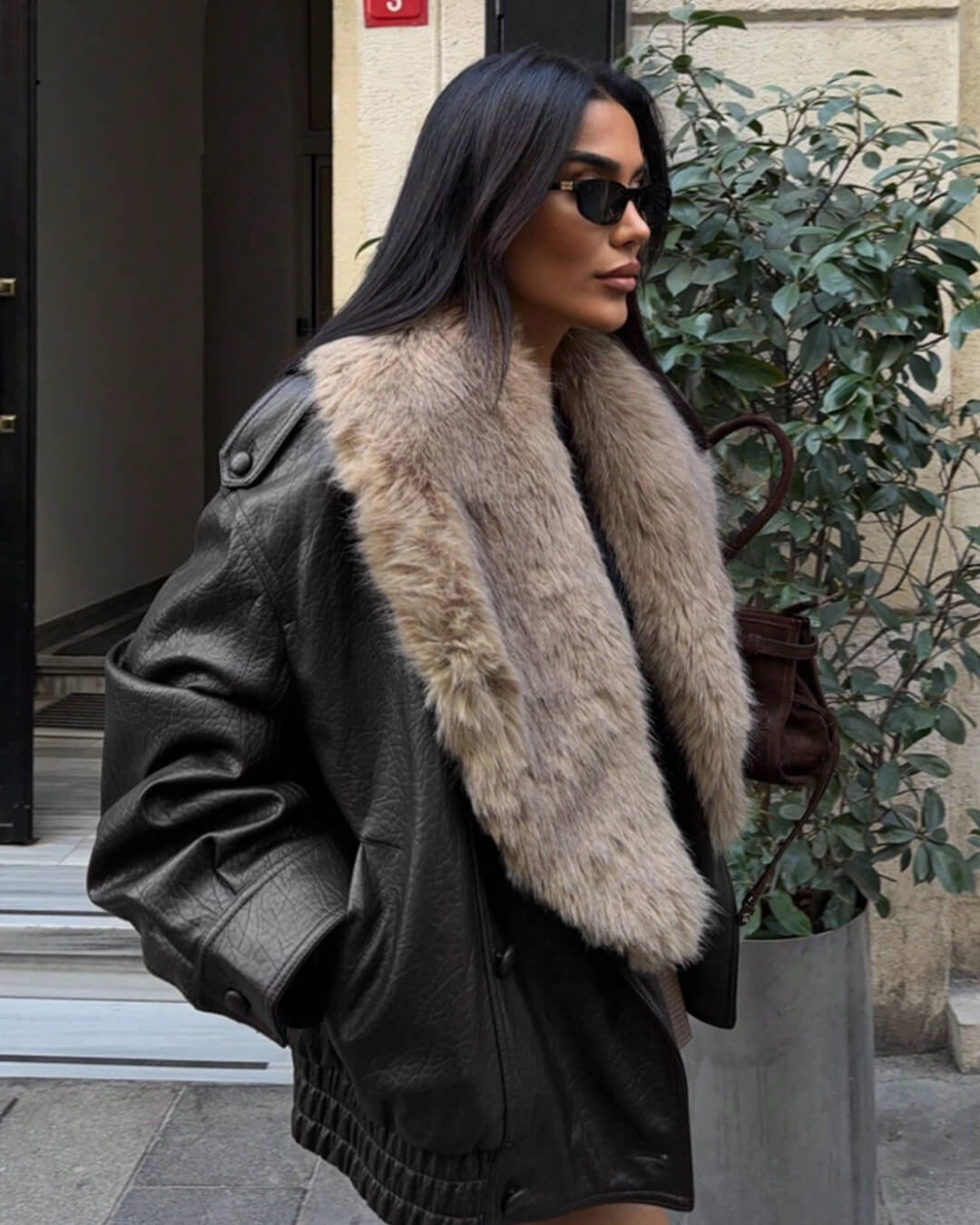 SOKYND Merriame Faux Leather Jacket with Detachable Fur Collar Coats & JacketsBlackM