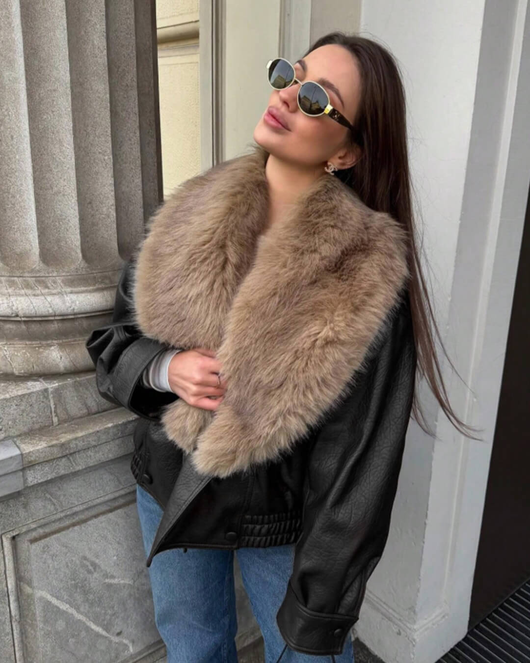 SOKYND Merriame Faux Leather Jacket with Detachable Fur Collar Coats & JacketsBlackM