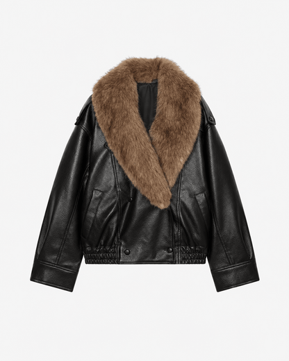 SOKYND Merriame Faux Leather Jacket with Detachable Fur Collar Coats & JacketsBlackS