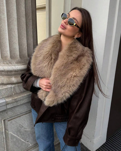 SOKYND Merriame Faux Leather Jacket with Detachable Fur Collar Coats & JacketsIm1767625273836038681BrownM