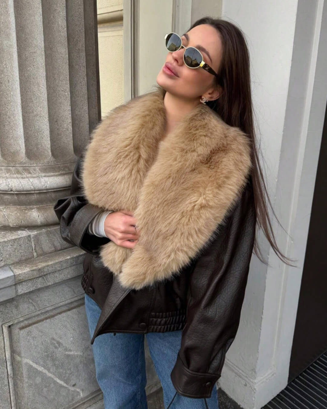 SOKYND Merriame Faux Leather Jacket with Detachable Fur Collar Coats & JacketsIm1767625273836038681BrownM