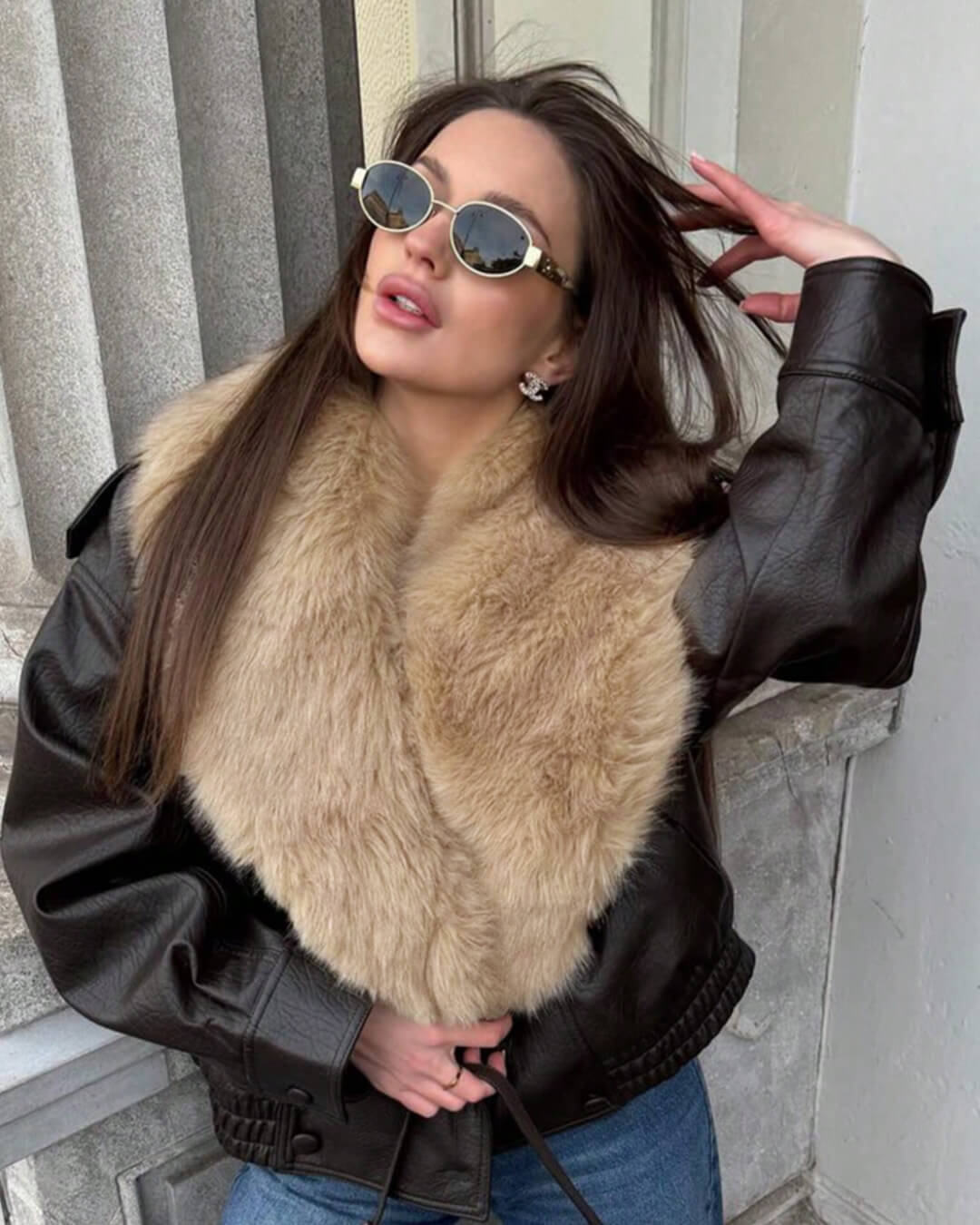 SOKYND Merriame Faux Leather Jacket with Detachable Fur Collar Coats & JacketsRp1767625273835923883BrownS
