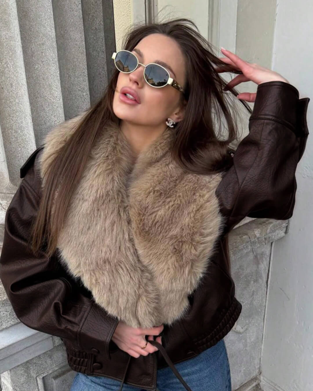 SOKYND Merriame Faux Leather Jacket with Detachable Fur Collar Coats & JacketsRp1767625273835923883BrownS