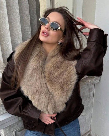 SOKYND Merriame Faux Leather Jacket with Detachable Fur Collar Coats & JacketsRp1767625273835923883BrownS