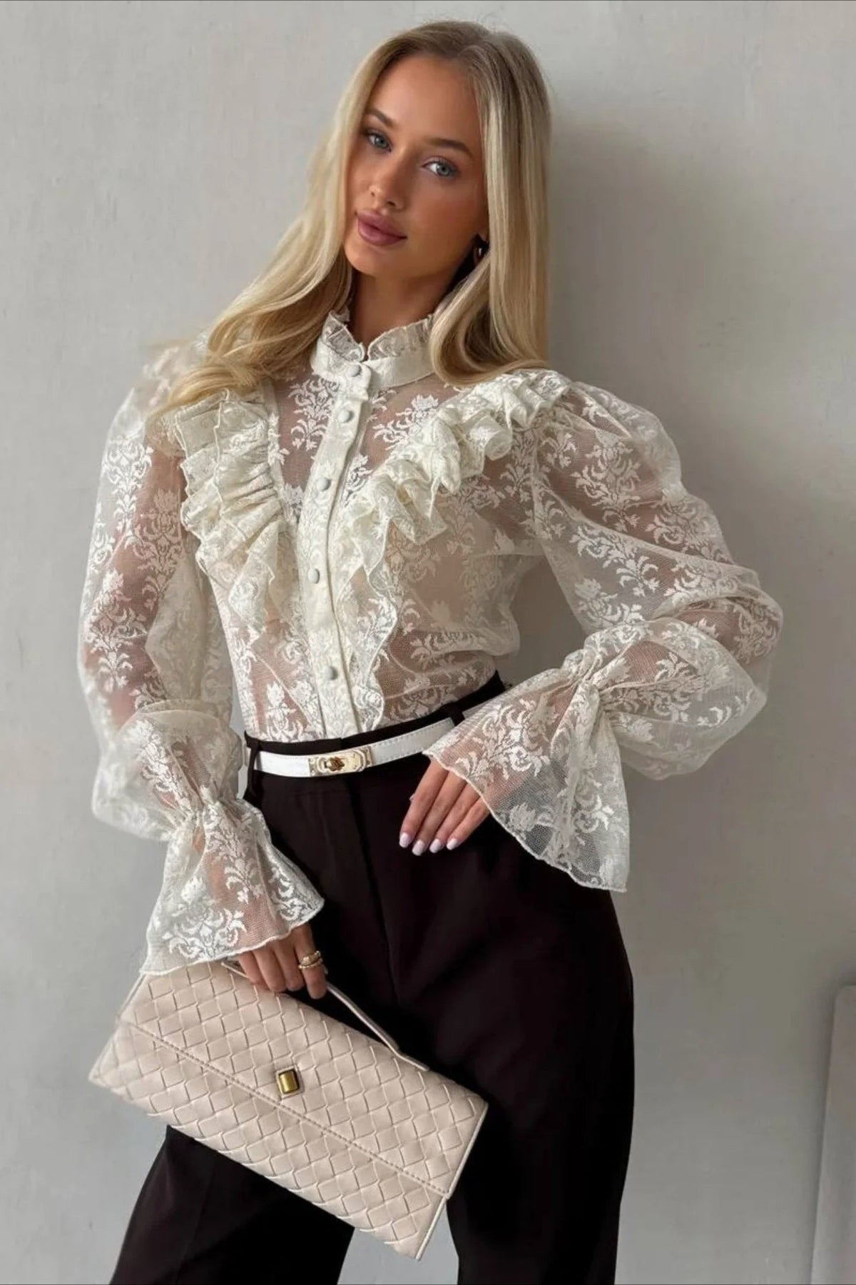 SOKYND Mia Ruffle Lace Sheer Blouse BlouseSOKYND-444951-BEI-L-53623BeigeL