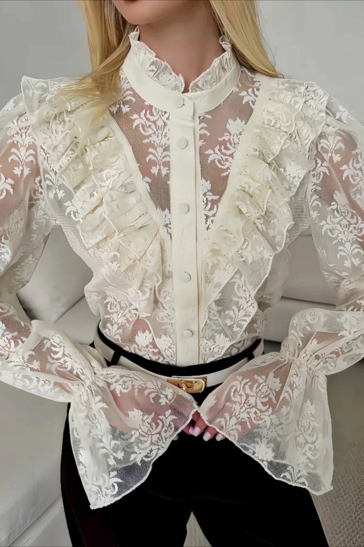SOKYND Mia Ruffle Lace Sheer Blouse BlouseSOKYND-444951-BEI-S-88087BeigeS