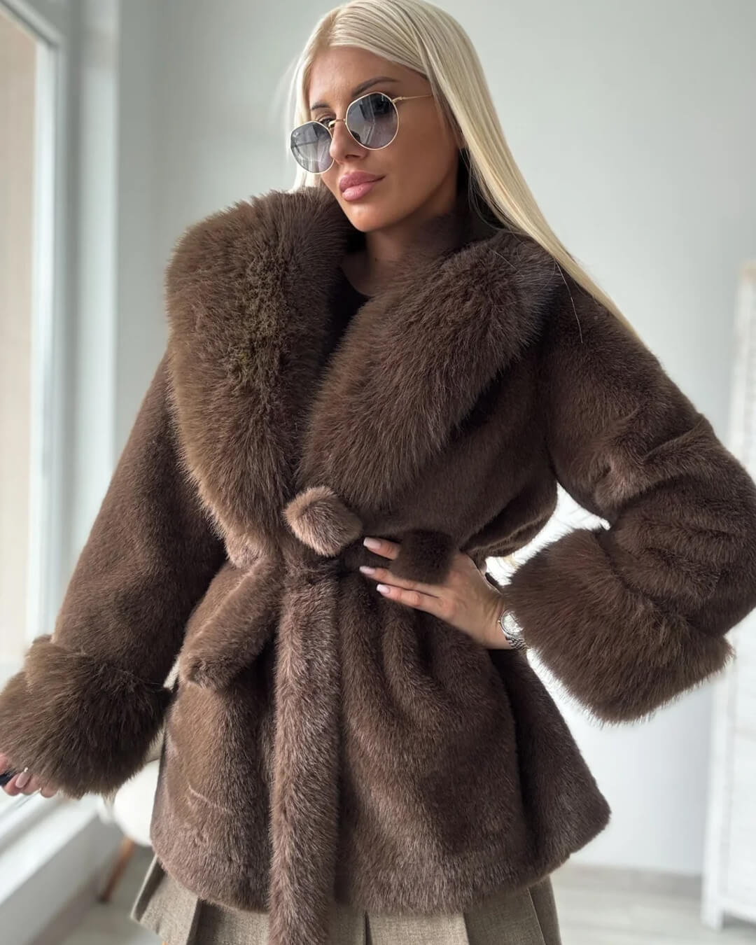 SOKYND Miriam Faux Fur Trim Coat CoatSOKYND-365143-BRO-S-57239BrownS