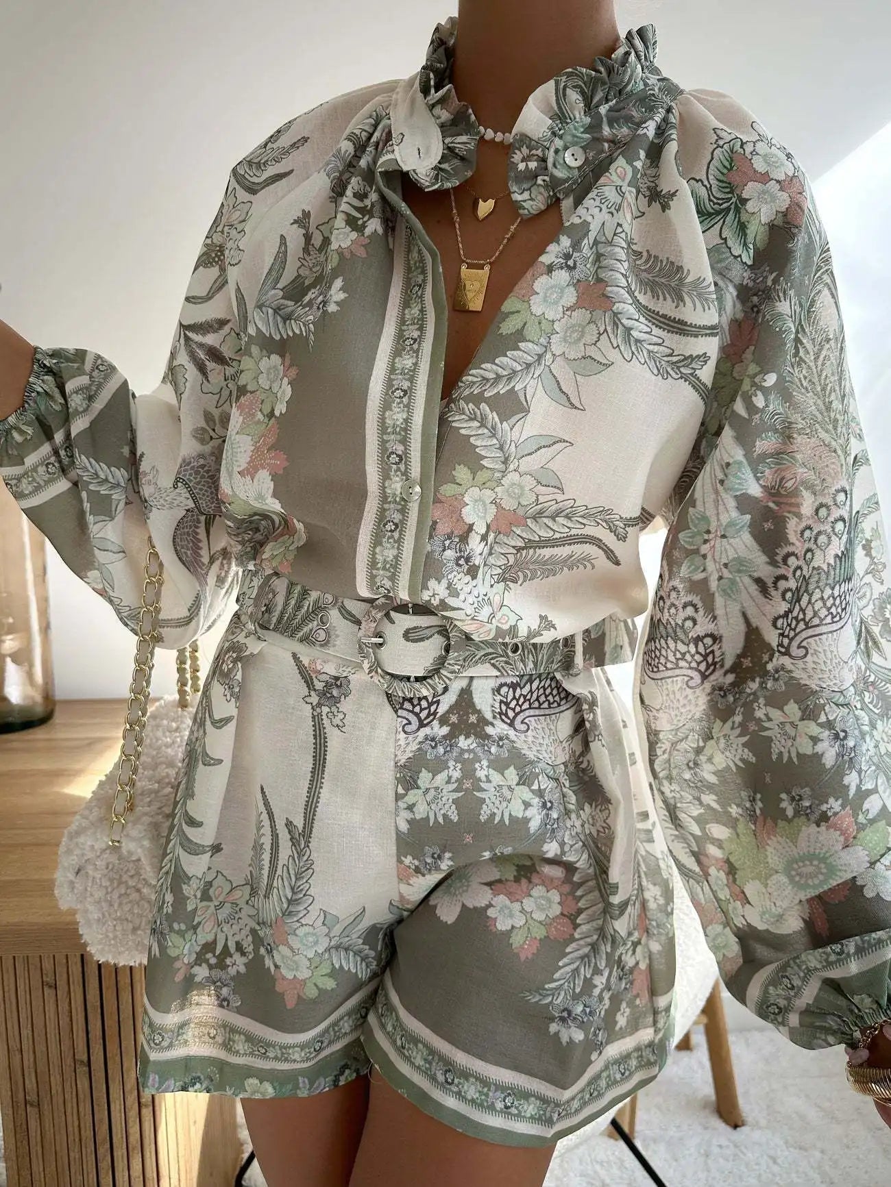 SOKYND Misty Floral Print Long Sleeve Shorts Set Matching Sets1005008984198283-;Ql1774905278707972816GreenS