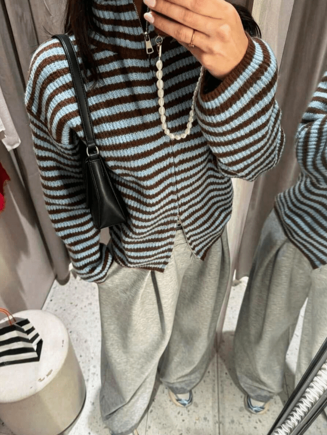 SOKYND Monica High Neck Zip-Up Cardigan CardiganSOKYND-538647-BLU-M-10007Blue StripesM