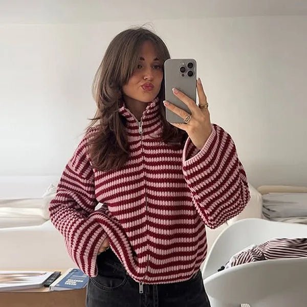 SOKYND Monica High Neck Zip-Up Cardigan CardiganSOKYND-538647-RED-L-41079Red StripesL