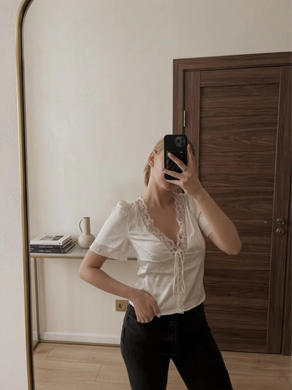 SOKYND Myrna Satin Lace Blouse TopsBeigeL