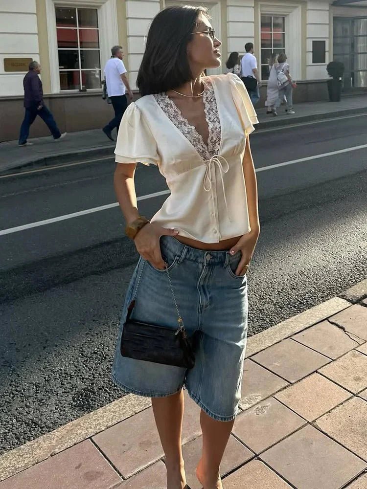 SOKYND Myrna Satin Lace Blouse TopsBeigeM