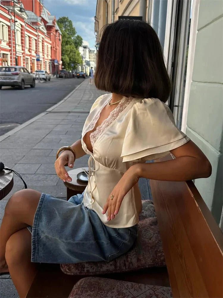SOKYND Myrna Satin Lace Blouse TopsBeigeS