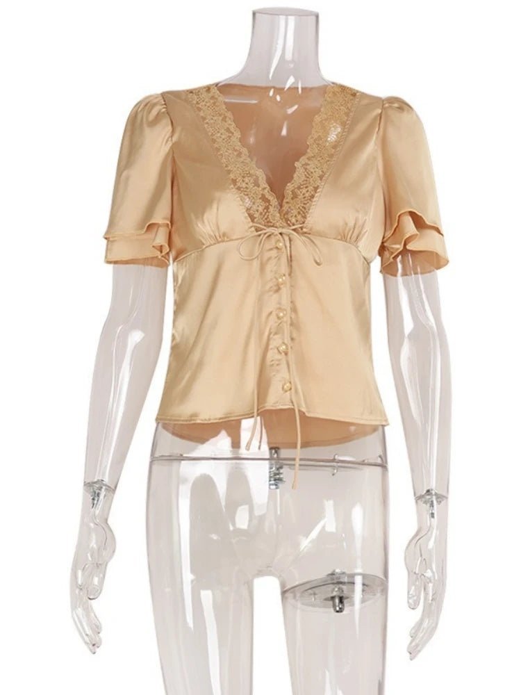 SOKYND Myrna Satin Lace Blouse TopsPeachS