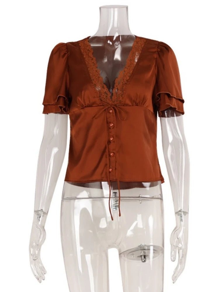 SOKYND Myrna Satin Lace Blouse TopsRusty BrownS