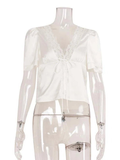 SOKYND Myrna Satin Lace Blouse TopsWhiteS