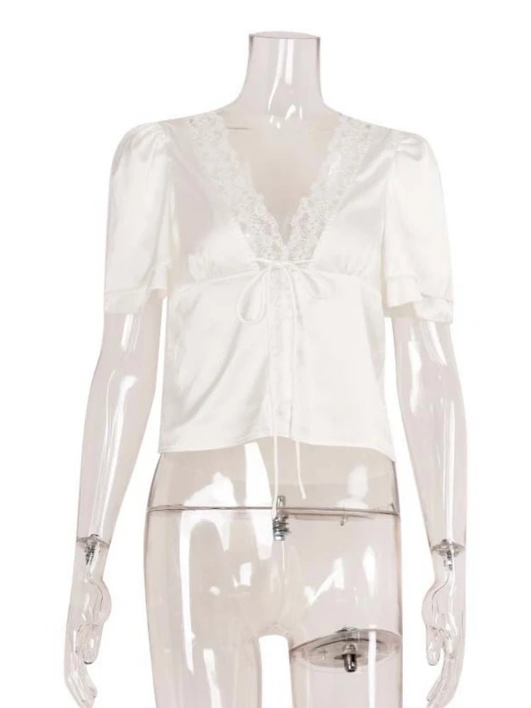 SOKYND Myrna Satin Lace Blouse TopsWhiteS