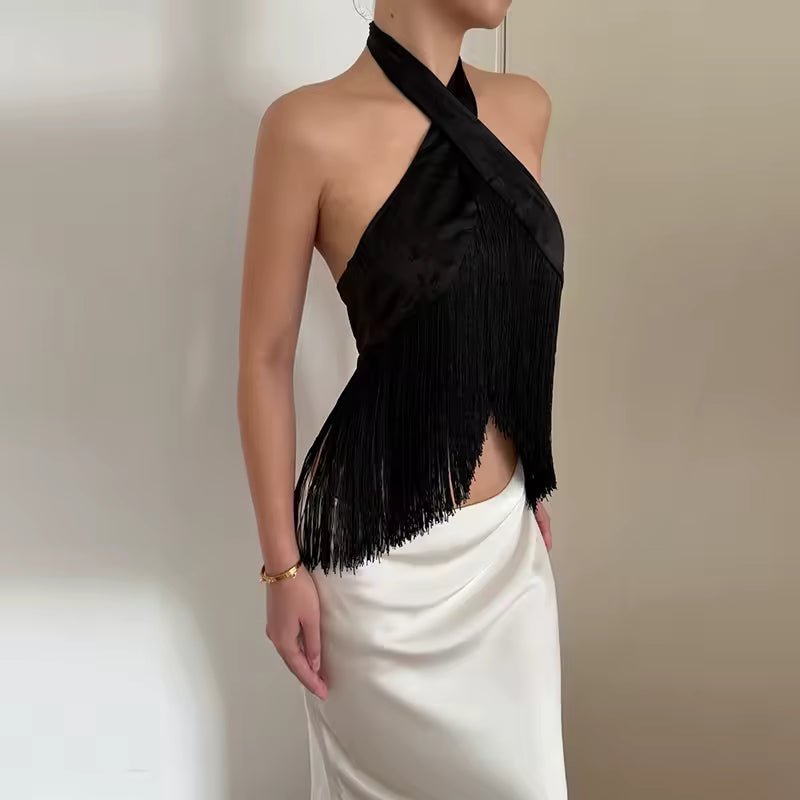 SOKYND Nadia Satin Fringed Halter Top TopSOKYND-674327-BLA-M-71543BlackM
